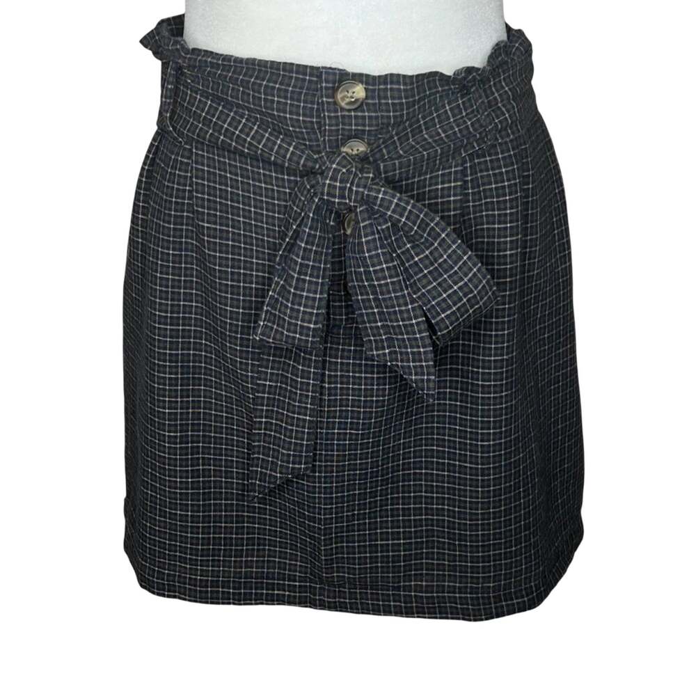 American Eagle Plaid Skirt M Navy Blue Green Belted Academia Preppy Linen Cotton